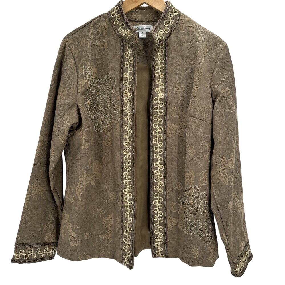 Coldwater Creek Jacket Womens Medium Open Floral Beaded Embellished Taupe